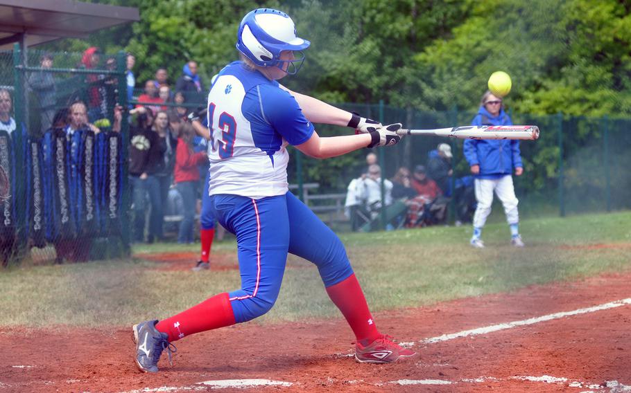 Ramstein junior Katherine Enyeart bats during a game against Vilseck on the second day of action at the 2013 DODDS European Softball Championship, May 24, 2013. Enyeart has been selected as the Stars and Stripes softball Athlete of the Year.