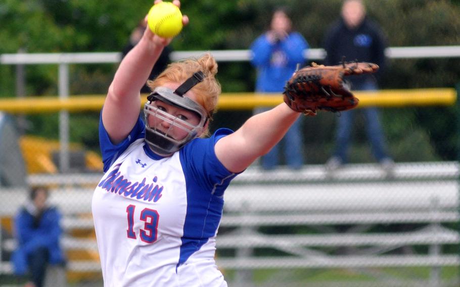 Ramstein junior Katherine Enyeart pitches during a game against Vilseck on the second day of action at the 2013 DODDS European Softball Championship, May 24, 2013. Enyeart has been selected as the Stars and Stripes softball athlete of the year.