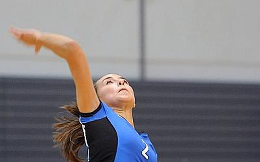Rota's Aspen Luna  serves in last year's Division III final at the 2012 DODDS-Europe volleyball championships in Ramstein. Luna will be returning for the Admirals, but she and her teammates will be competing in Division II this season.