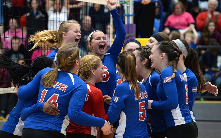 The Ramstein Royals celebrate their third straight Division I title after defeating the Lakenheath Lancers 25-18, 25-20, 25-19 in the championship match at the DODDS-Europe volleyball finals in Ramstein, Germany, Nov. 2, 2013.