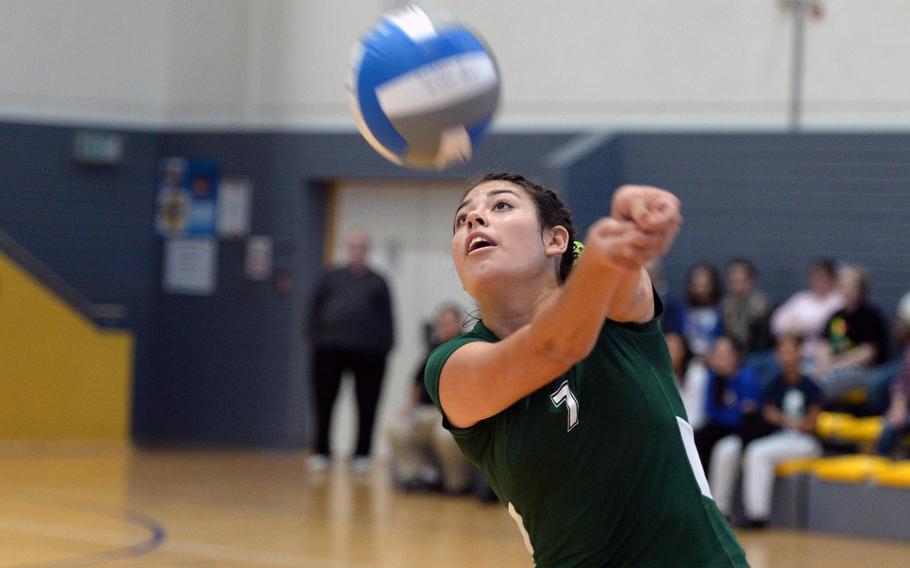 Victoria Krause of Naples in action at the DODDS-Europe volleyball championships in Ramstein, Germany, Oct. 31, 2013. The Naples senior has been named the Stars and Stripes volleyball Athlete of the Year.