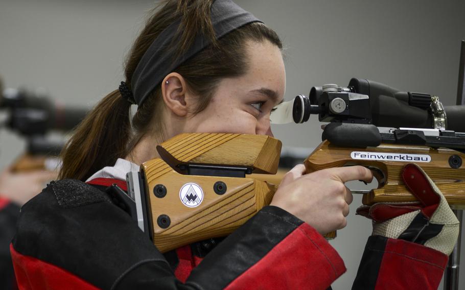 Patch's Maggie Ehmann shoots in last season's DODDS-Europe Rifle Championships January 26, 2013 at Baumholder, Germany. Ehmann achieved the highest point totals last season, and placed second overall in the championship. She will be returning for the Panthers this season.