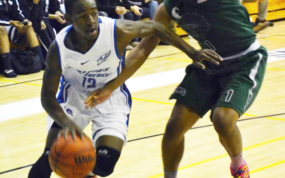 Guard Dominique Conley, left, is one of a handful of upperclassmen dotting Seoul American boys' basketball team roster.