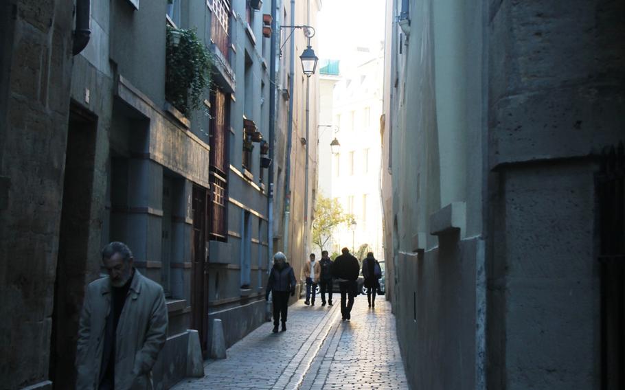 In the Middle Ages, all the streets in the Marais were very narrow, according to Paris Greter Claudine Chevrel.  Wider streets were built in the 19th century, but a few skinny streets, such as this one, still remain.