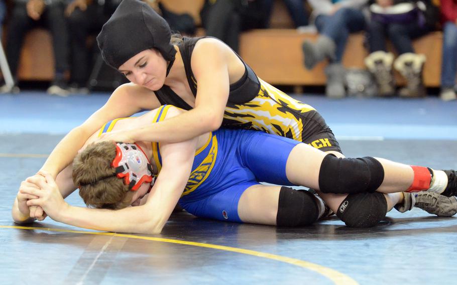 Patch's McKenna Fields gets control over Sigonella's Kyle McCullough Saturday, during a 113-pound match at the Southern sectional qualifier at Vicenza, Italy. Fields was the only female wrestler at the meet. Both wrestlers won a spot at this weekend's European Championships in Wiesbaden, Germany.