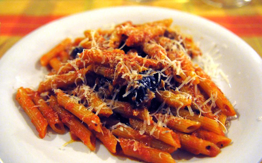 "Pasta alla norma," a traditional Sicilian pasta with tomatoes, eggplant and garlic, was hot and delicious at Trattoria Da Rinaldo in Catania, Sicily.