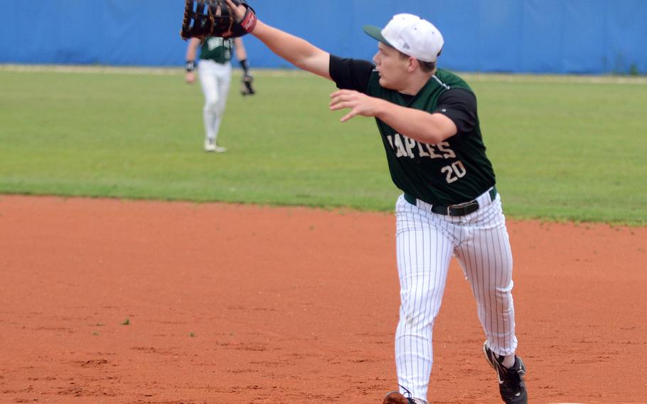 First baseman George Shaffer of  Naples, pulls in a throw during a game against Vicenza last season.