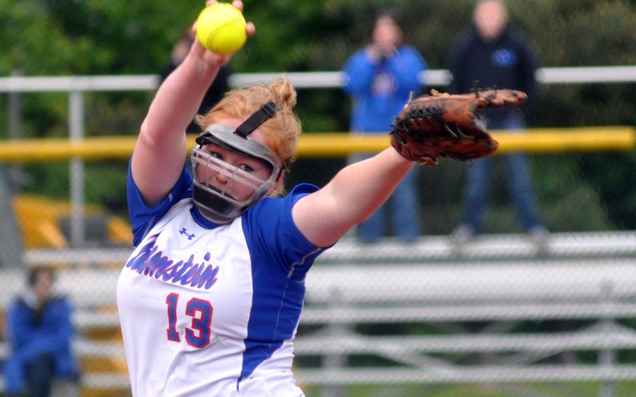 Ramstein senior Katherine Enyeart pitches during a game against Vilseck on the second day of action at the DoDDS European Softball Championship, May 24, 2013.