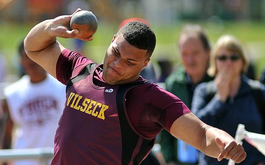 Vilseck's Armando Saldana won the shot put event at last year's DODDS-Europe track and field championships with a toss of 43 feet, 2 inches. He will return for the Falcons this season as he tries to defend his title.