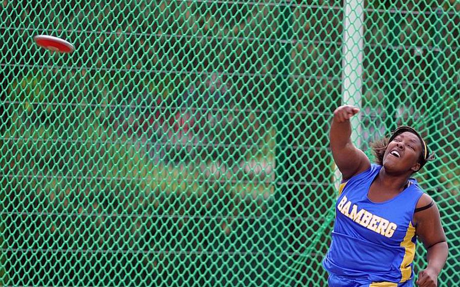 Domonique Lamons of Bamberg won the discus event at the 2013 DODDS-Europe track and field championships with a throw of 109 feet, 8 inches. She will be returning for the Barons when the 2014 season gets under way this weekend.
