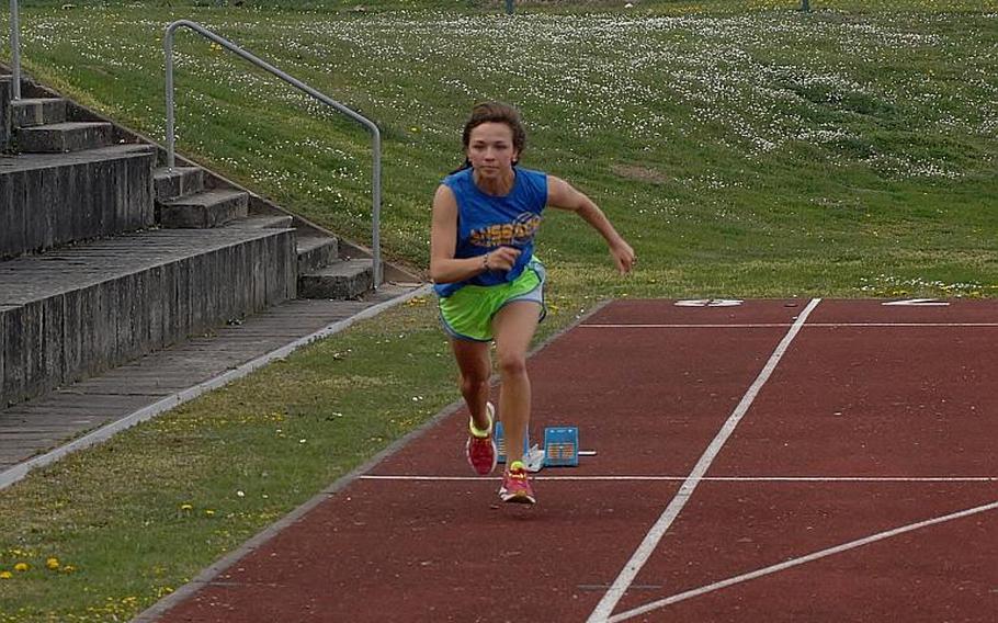 Ansbach senior Mykala Bazen sprints out of the blocks during a recent practice at Ansbachl. Bazen is the reigning DODDS-Europe 300-meter hurdles champion and a collegiate track and field prospect.