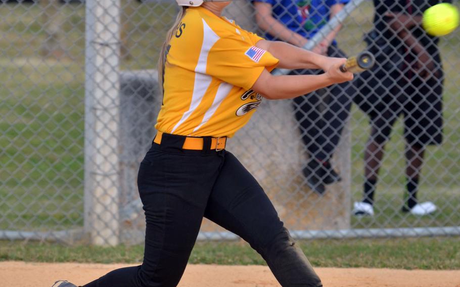 Kadena Panthers shortstop Macalah Danielsen, shown batting against Kubasaki Dragons, is one of six underclassmen starters and part of arguably the most formidable heart of the batting order in school history.