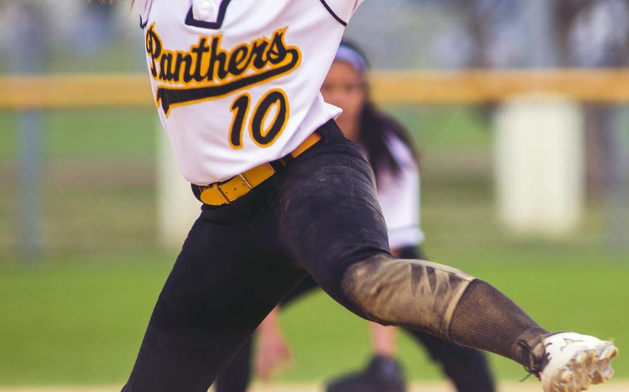 Kadena Panthers sophomore right-hander Bailey Prince, shown pitching against Kubasaki Dragons, is one of six underclassmen starters and part of arguably the most formidable heart of the batting order in school history.