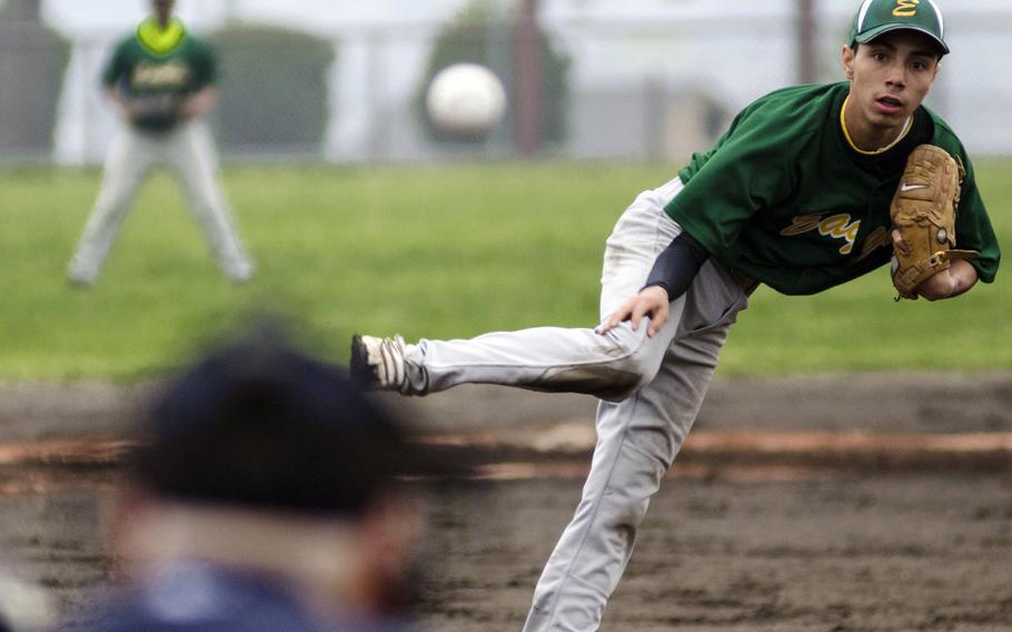 Right-hander Izzy Leon, shown pitching in a DODDS Japan baseball tournament game against Matthew C. Perry, and Robert D. Edgren are gunning for a third straight Far East Division II Tournament title.