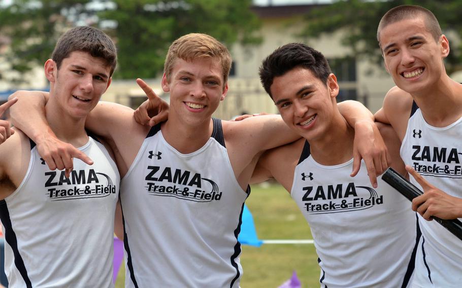 Zama American 3,200-meter relay team, Matteus Camacho, Cody Troxel, Jarell Hibler and Hiro Beale, after they broke the Far East meet record by nearly six seconds Tuesday.