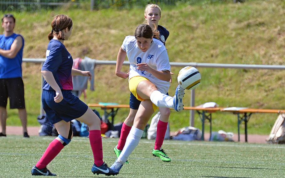 Florence's Emma Nataloni scores a goal against Menwith Hill in a Division III match at the DODDS-Europe soccer championships at Landstuhl, Germany, Tuesday, May 20, 2014. Florence won 4-1.