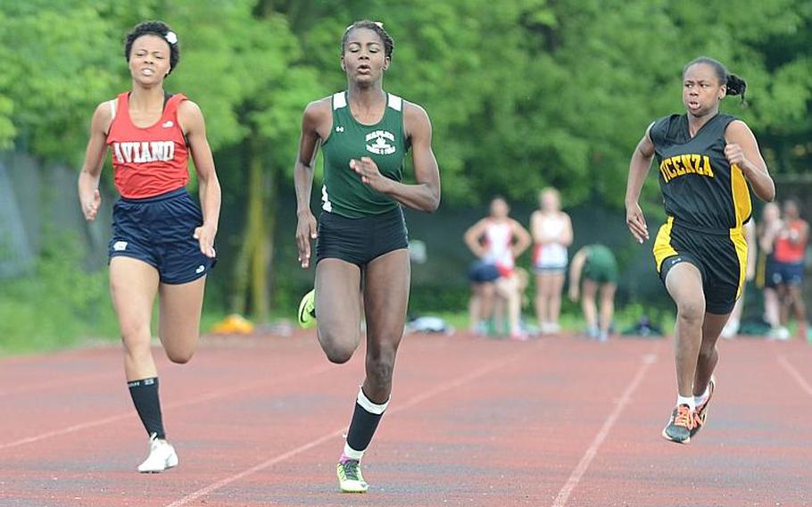 Naples' Ashley Forte, center, won the 100 in a meet  in Creazzo, Italy, earlier this month. But she's considered a strong contender in the 200 and 400 at the DODDS European Track and Field Championships Friday and Saturday in Kaiserslautern, Germany.