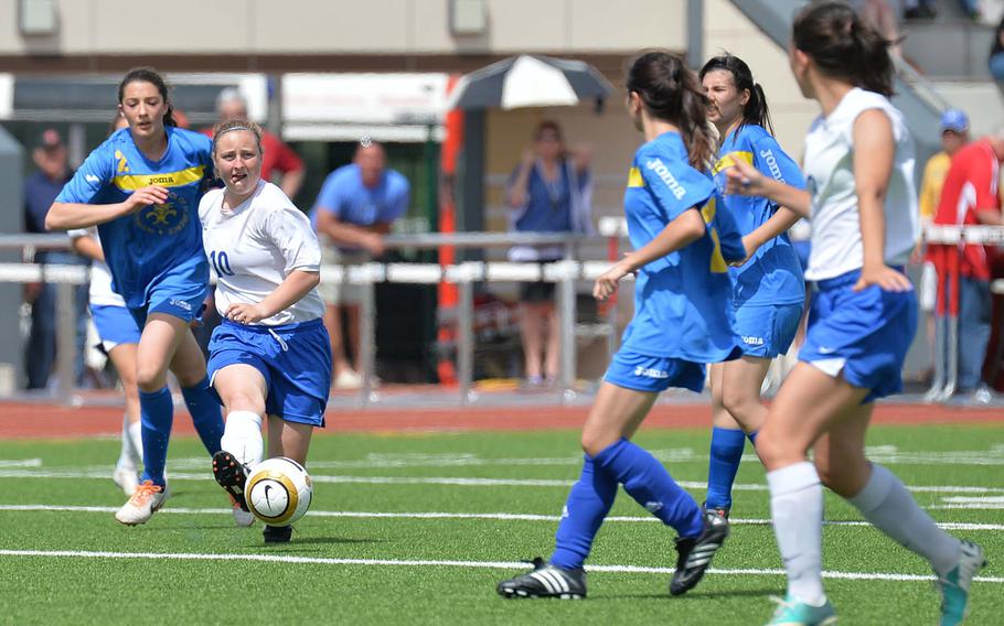 Morgan Maloney of Brussels sends a pass to a teammate at the DODDS-Europe soccer championships in Kaiserslautern, Germany, Thursday, May 22, 2014. Brussels won 1-0 to capture the title.