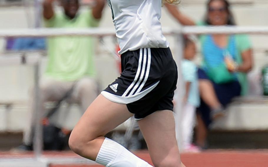 Isabella Lucy of Naples celebrates a goal in the Division II final at the DODDS-Europe soccer championships in Kaiserslautern, Germany, Thursday, May 22, 2014. Lucy has been selected as the Stars and Stripes Athlete of the Year for girls soccer.