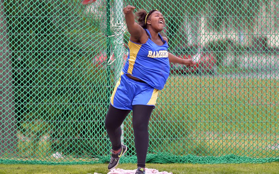 Damonique Lamons won the girls discus event with a throw of 106 feet, 8 inches at the DODDS-Europe track and field championships in Kaiserslautern, Germany, Friday, May 23, 2014. A day later she took the shot put competion. The Bamberg senior has been selected as the girls track and field Stars and Stripes Athlete of the Year.