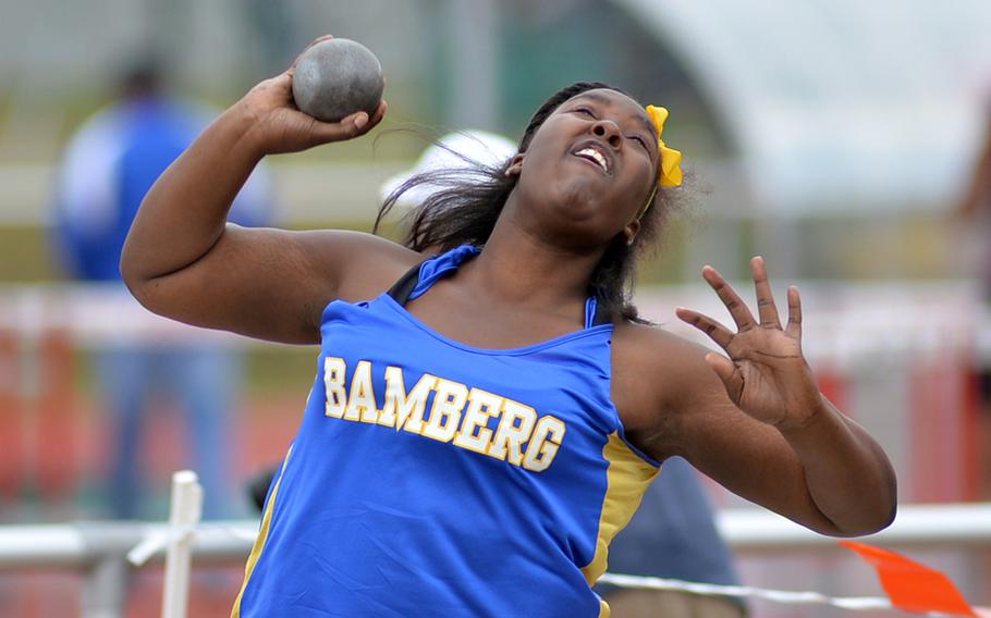 Damonique Lamons won the shot put event with a toss of 38 feet, 4.75 inches at the DODDS-Europe track and field championships in Kaiserslautern, Germany, Saturday, May 24, 2014. A day earlier she captured the discus event. The Bamberg senior has been selected the Stars and Stripes Athlete of the Year for girls track and field.