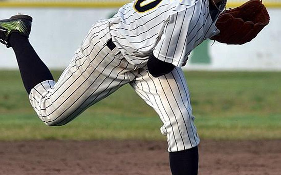 American School In Japan's Justin Novak, pitching against Kadena in Saturday's Far East Division I Baseball Tournament final, went 4-0 on the mound and .476 at the plate with five home runs and 32 RBIs during the just completed 2014 season, in which the Mustangs went unbeaten.