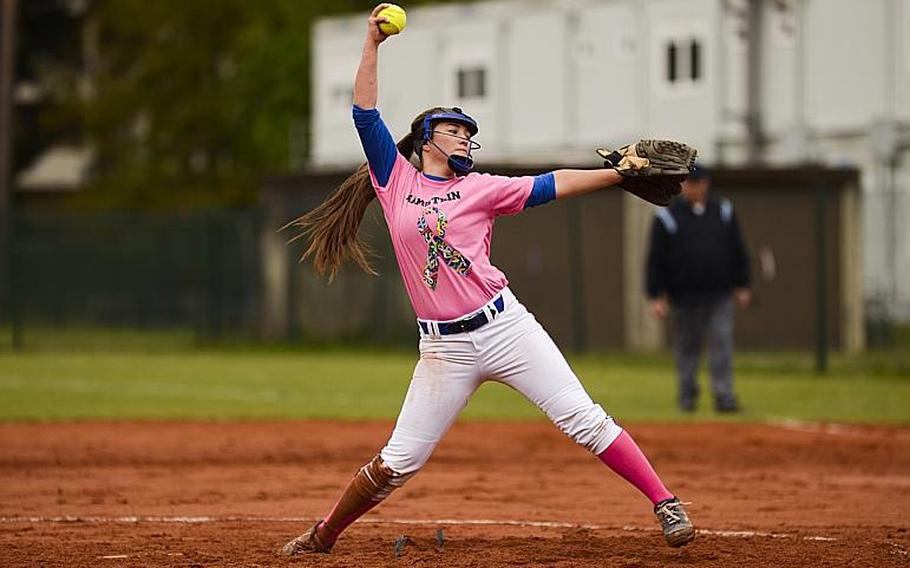 Ramstein's Brittany Crown throws a pitch against Lakenheath on Friday, May 1, 2015, at Ramstein, Germany.

Joshua L. DeMotts/Stars and Stripes