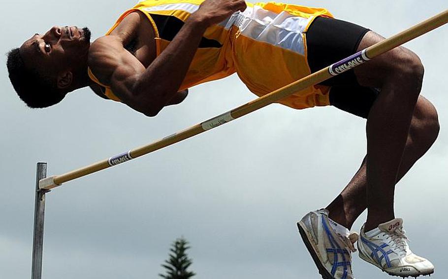 Kadena senior Lotty Smith clears the bar at 2.0066 meters, or a Pacific-record 6 feet, 7 1/2 inches, in the high jump finals during the 2011 Far East High School Track and Field Meet at Camp Foster, Okinawa.