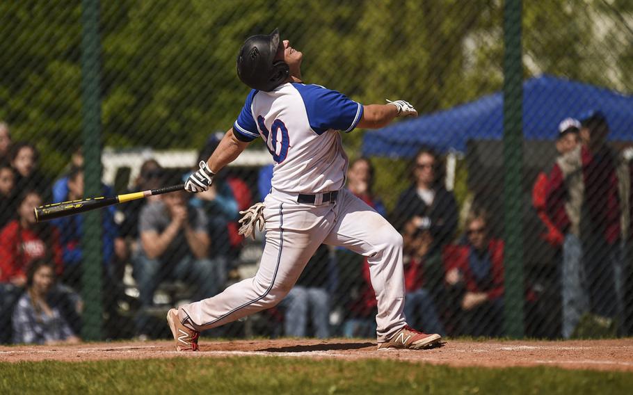 Ramstein's Ben Ciero follows the ball in a game against Patch at Ramstein, Germany, May 9, 2015. Ciero has been selected as the Stars and Stripes baseball Athlete of the Year.