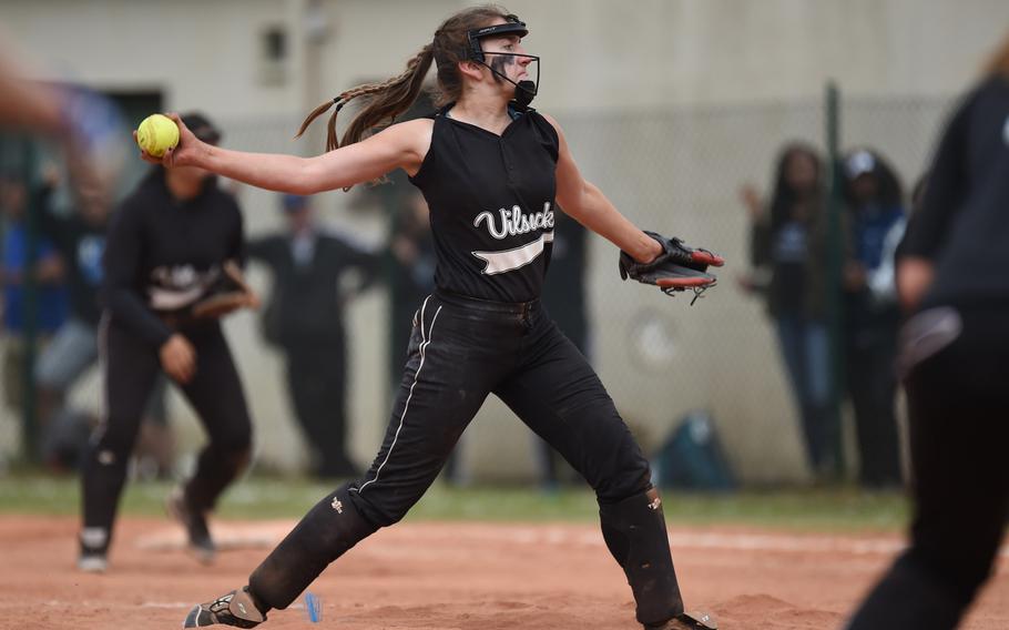 Sophomore pitcher Elana Montanez hurls for Vilseck in the DODDS-Europe Division I softball title game. The game was close, but Ramstein came out on top, taking the crown 7-6. Montanez has been named the Stars and Stripes softball Athlete of the Year.

Matt Millham/Stars and Stripes