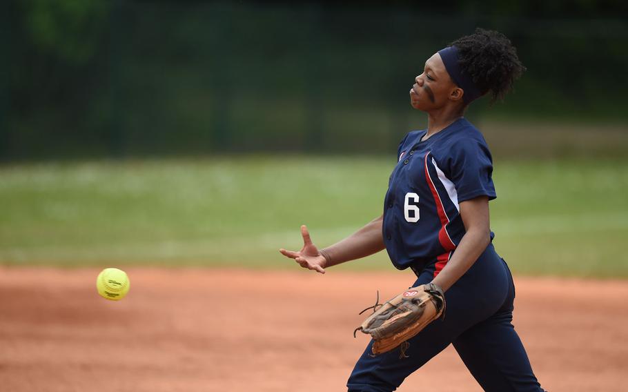 Aviano senior Shamera Lane delivers the ball in the first inning of the Saints' 8-3 victory over Alconbury for the DODDS-Europe Division II/III softball title. Lane has been named to the DODDS All-Europe softball team.