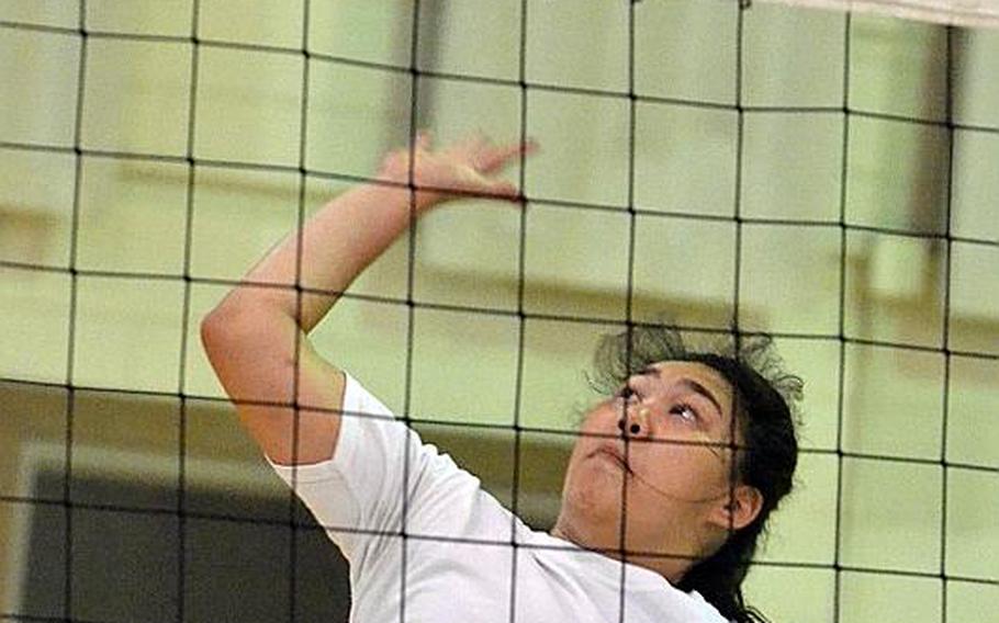 Senior hitter Michele Thompson of reigning Far East Division II Volleyball Tournament champion Osan.
