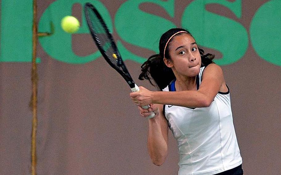 Patch's Marissa Encarnacion returns a shot from her teammate Marina Fortun  in the girls single final at the DODDS-Europe tennis championships in Wiesbaden, Germany, Saturday,Oct. 25, 2014. Encarnacion won the match 6-1, 6-1.