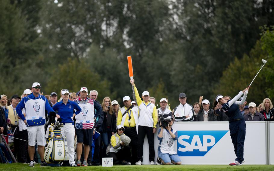 Gerina Piller tees off during the Solheim Cup Sunday, Sept. 20, 2015, in St. Leon-Rot, Germany. Piller helped Team USA secure a comeback victory over Team Europe by winning her singles match against Caroline Masson.