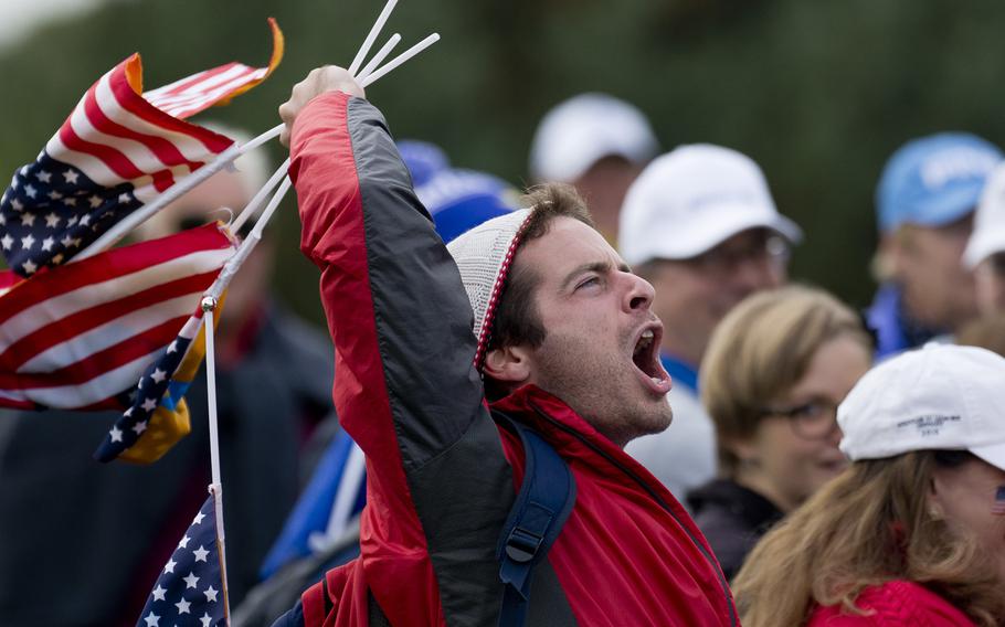 Julian Snow cheers for Team USA during the Solheim Cup in St. Leon-Rot, Germany, Sunday, Sept. 20, 2015. Team USA defeated Team Europe, winning the cup for the first time since 2009.