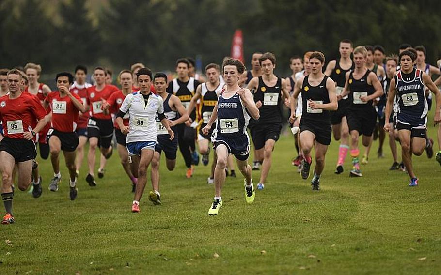 Racers sprint at the start of last season's DODDS-Europe cross country championship race at the Rolling Hills Golf Club in Baumholder, Germany, Saturday, Oct. 25, 2014.