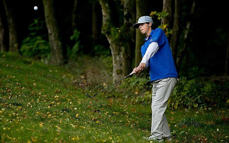 Bitburg's Trey Bowles chips from the rough during the DODDS-Europe golf championship at Rheinblick golf course in Wiesbaden, Germany on Wednesday, Oct. 7, 2015. Bowles, a freshman, had a few rough moments during the opening day of the championship.   