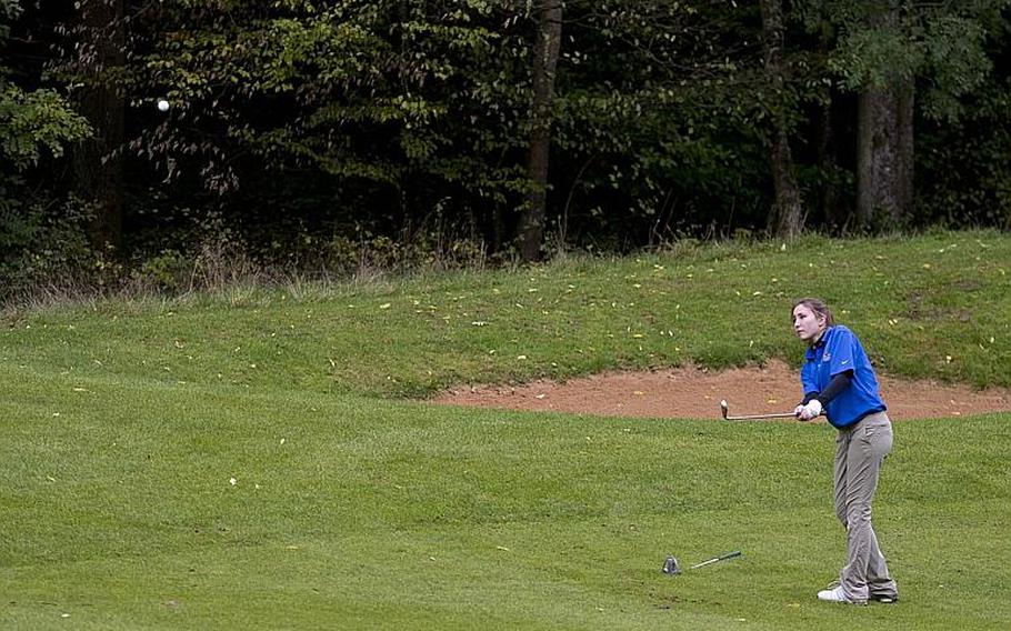 Bitburg's Leigha Daryanani takes a shot from the fairway during the DODDS-Europe golf championship at Rheinblick golf course in Wiesbaden, Germany on Wednesday, Oct. 7, 2015. Daryanani, a sophomore, was last year's girls' runner-up, and is this year's champion favorite.