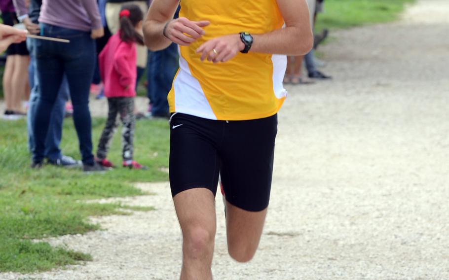 Stuttgart's Hunter Ficenec is the first runner to cross the finish line Saturday during a DoDDS-Europe cross country season opener near Vicenza, Italy. Ficenec ran the route in 15 minutes and 58 seconds.Ficenec will be one of the runners Saturday in the DODDS-Europe cross country championships at Baumholder on Saturday.