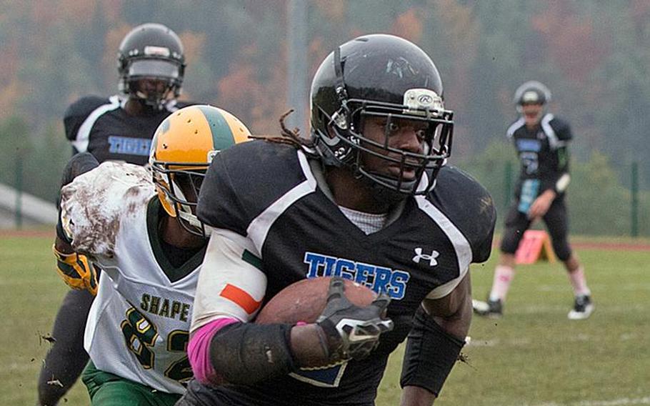 Tony Saintmelus produced 153 total yards and two touchdown for the Hohenfels Tigers as they beat the SHAPE Spartans during the DODDS-Europe Division II quarterfinals at Hohenfels, Germany, on Saturday, Oct. 24, 2015.