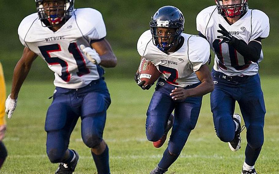 Bitburg's DeJhon Williams runs the ball during a football game in Baumholder, Germany,on  Friday, Sept. 25, 2015. The visiting Bitburg Barons defeated the Baumholder Bucs 46-0.