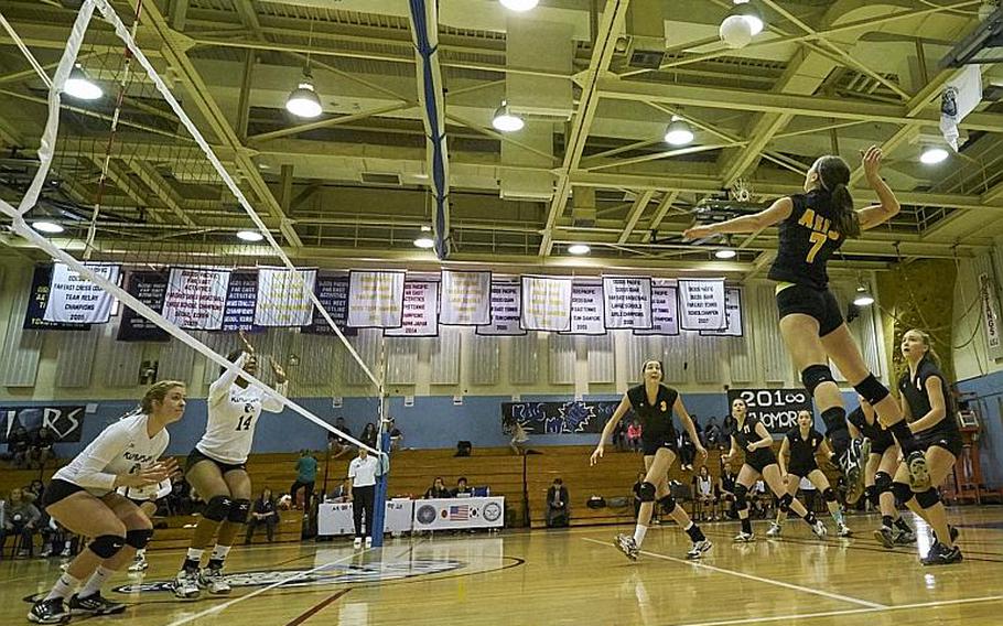 ASIJ's Kiki Davidson goes up for a kill during the 2015 Far East Division I Volleyball Championship game against Kubasaki on Thursday, Nov. 5, 2015 in Seoul, South Korea.