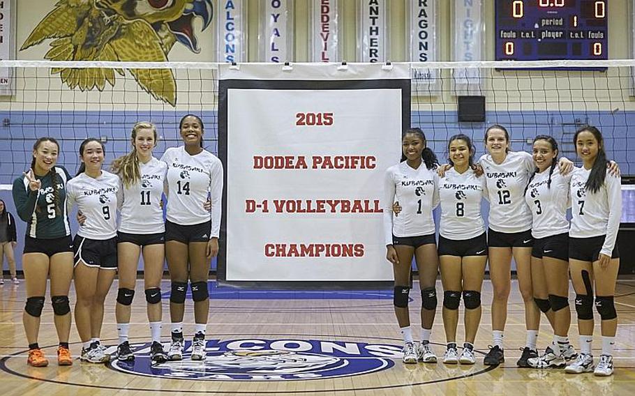 The Kubasaki Dragons defeated ASIJ 25-14, 26-24, 22-25, 22-25, 15-11 at the 2015 Far East Division I Volleyball Championship game. The Dragons are, from left: Jordyn Deleon Guerrero, Maiya Larry, Courtney Kait, Josie Daffin, Alanna Stein, Sammie Hernandez, Chloe? Stevens, Miranda Fino and Mimi Larry.
