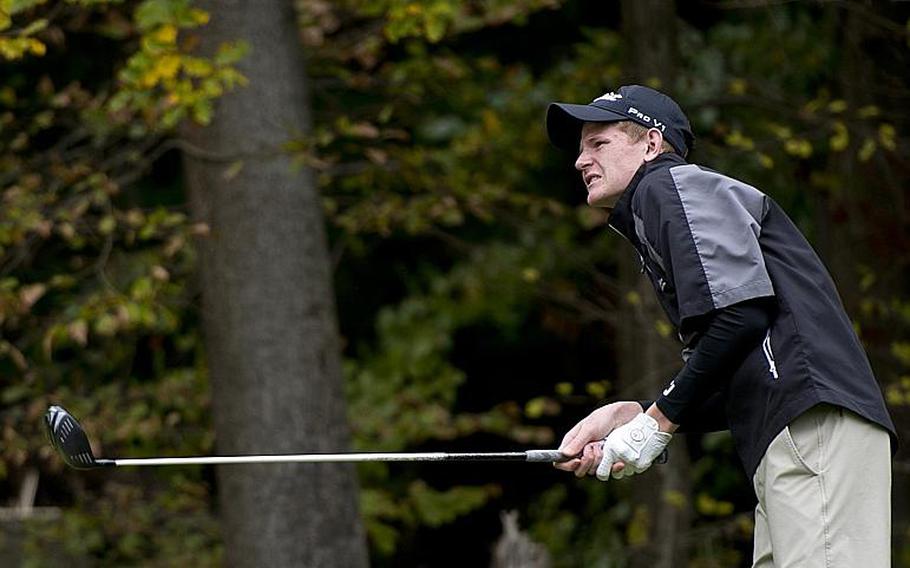 Stuttgart's Jordan Holifield watches his shot during the DODDS-Europe golf championship at Rheinblick golf course in Wiesbaden, Germany on Oct. 8, 2015. Holifield was selected as the 2015 Stars and Stripes boys golf Athlete of the Year.