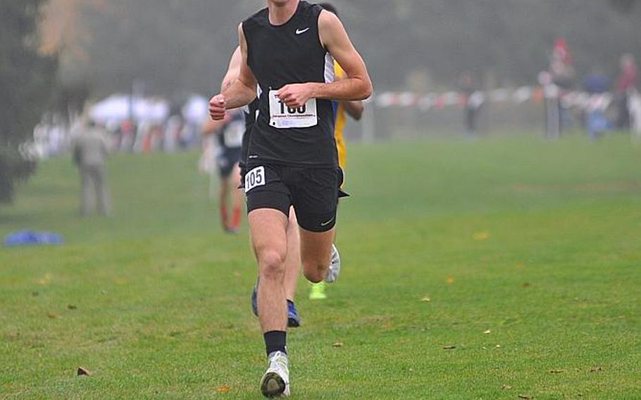 Hunter Ficenec of Stuttgart runs out front during the boy's race of the DODDS-Europe cross country championships Oct. 31, 2015 at Baumholder Army Golf Course. Ficenec was selected as the 2015 Stars and Stripes boys cross country Athlete of the Year.