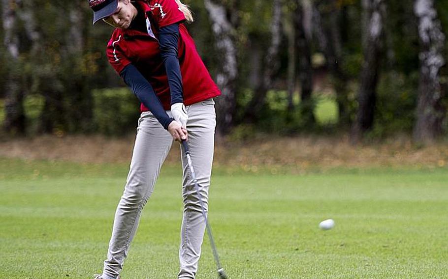 Kaiserslautern's Jasmin Acker takes a shot from the fairway during the DODDS-Europe golf championship at Rheinblick golf course in Wiesbaden, Germany on Oct. 8, 2015. Acker was selected as the 2015 Stars and Stripes girls golf Athlete of the Year.