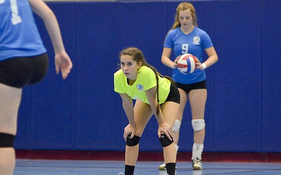 Janey Greenberg, a junior libero from Stuttgart, rests between points during the inaugural DODDS-Europe volleyball all star game Saturday, Nov. 14, 2015, at Ramstein Air Base, Germany.