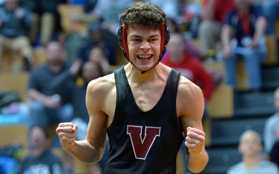 Vilseck's Aydan Huezo celebrates after beating AFNORTH's Anthony Doerfer in the 113-pound title at last season's DODDS-Europe wrestling championships in Wiesbaden, Germany, Saturday, Feb. 14, 2015.