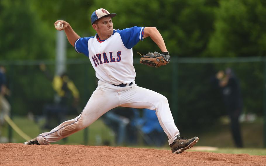 Ramstein pitcher Zach Buhrer hurls the ball in the Royals' 27-1 rout of Vileck for the DODDS-Europe Division I baseball title.