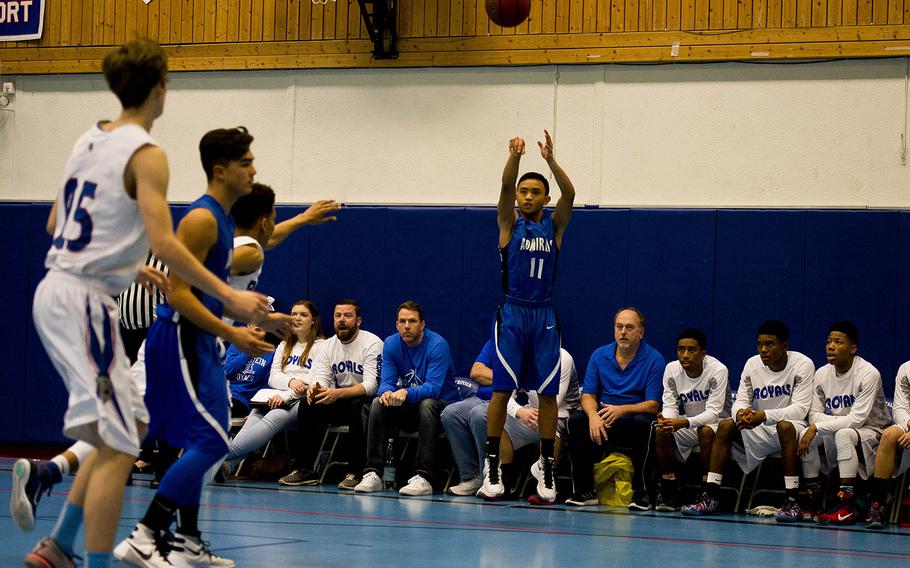 Rota's D'Angelo Gallardo shoots a three-pointer during the DODDS-Europe holiday tournament at Ramstein Air Base, Germany, on Monday, Dec. 21, 2015.